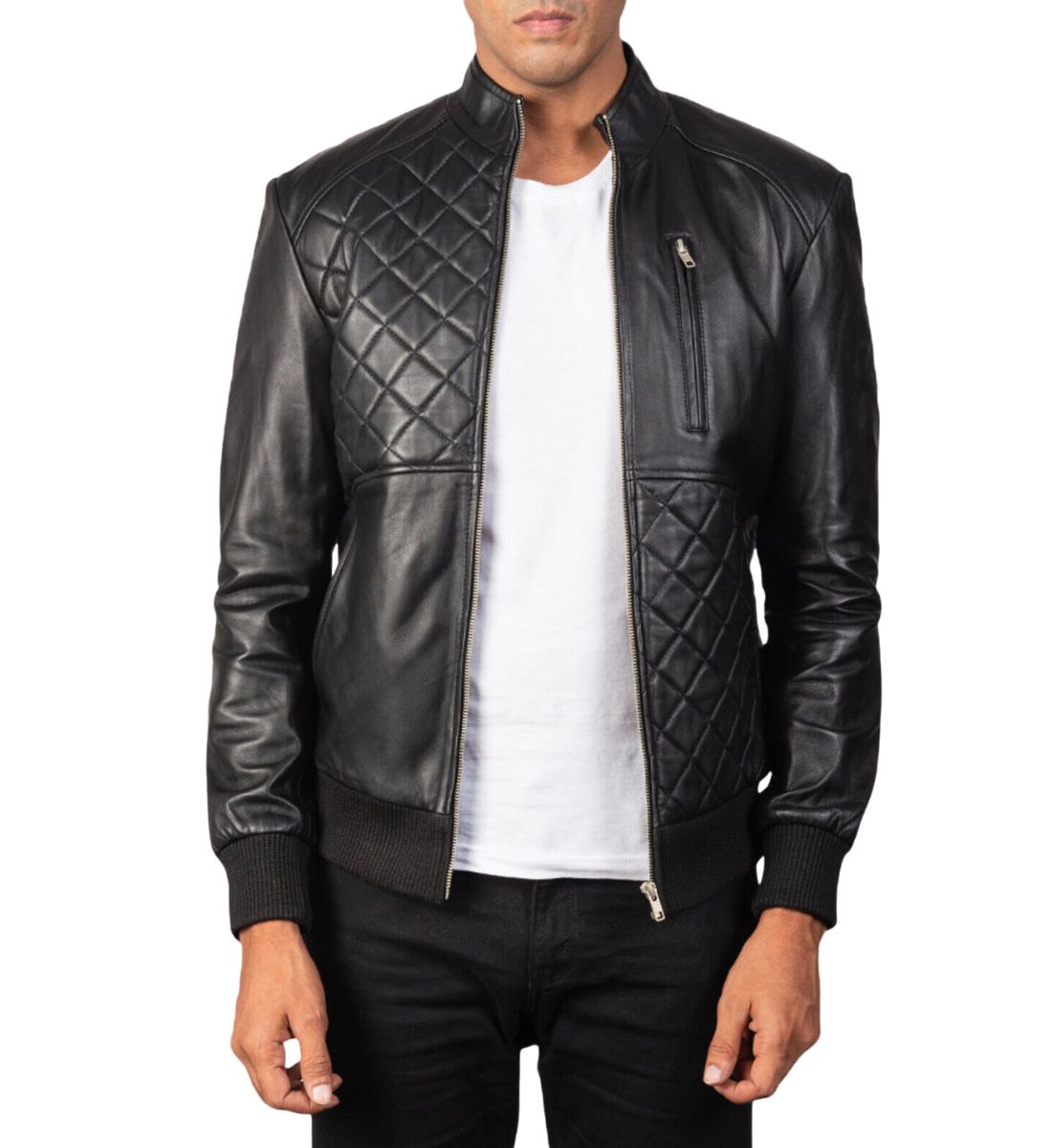 Contemporary Black Leather Biker Jacket - Men's Slim Fit
