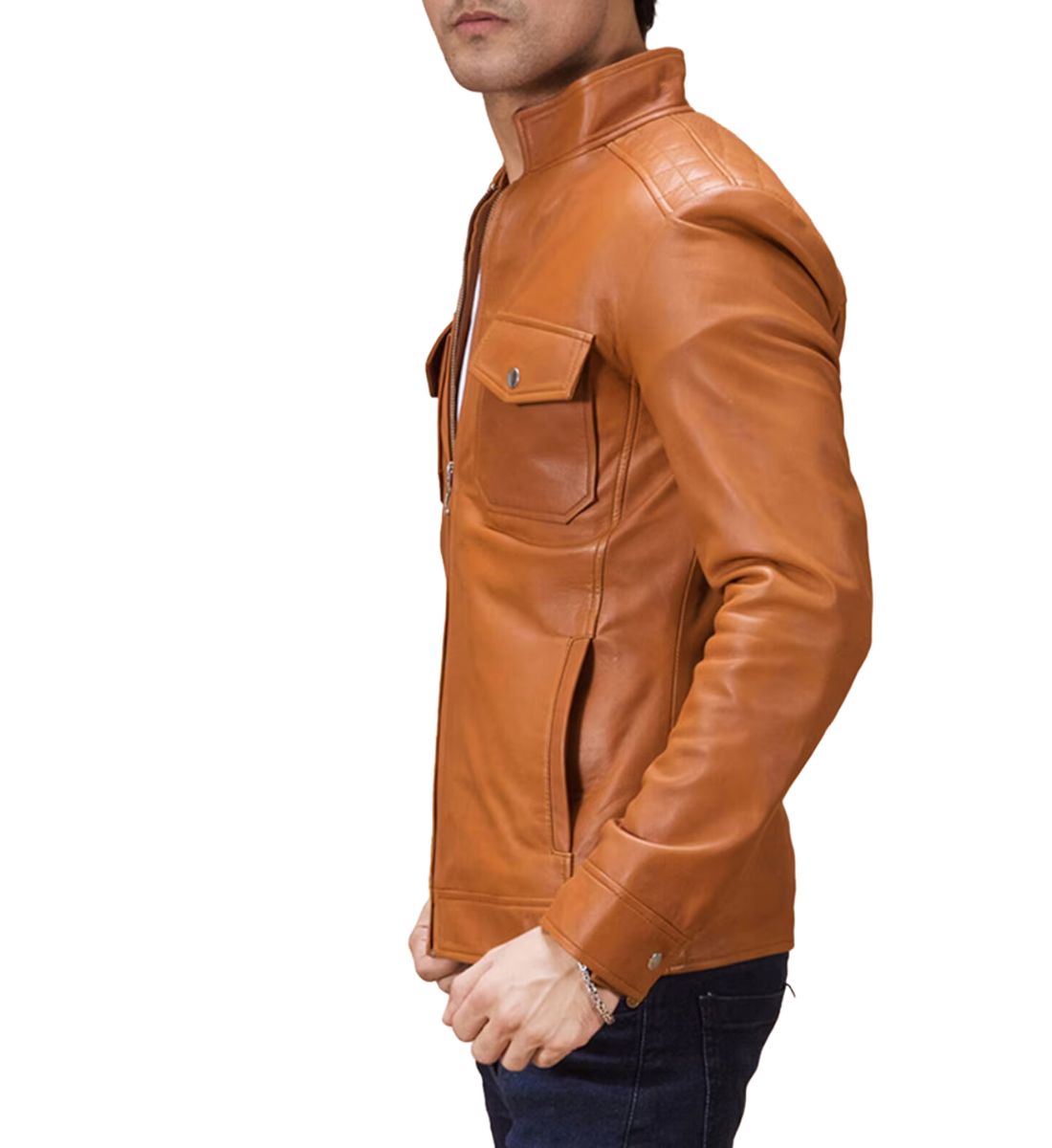 Handmade Slim Tan Leather Motorbike Jacket for Men Side