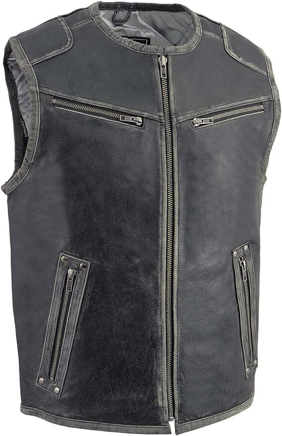Rugged Distressed Grey Canvas and Leather Men's Motorcycle Vest