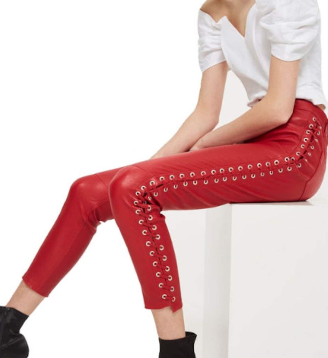 Lace It Up in Red: Handmade Leather Pants for Women