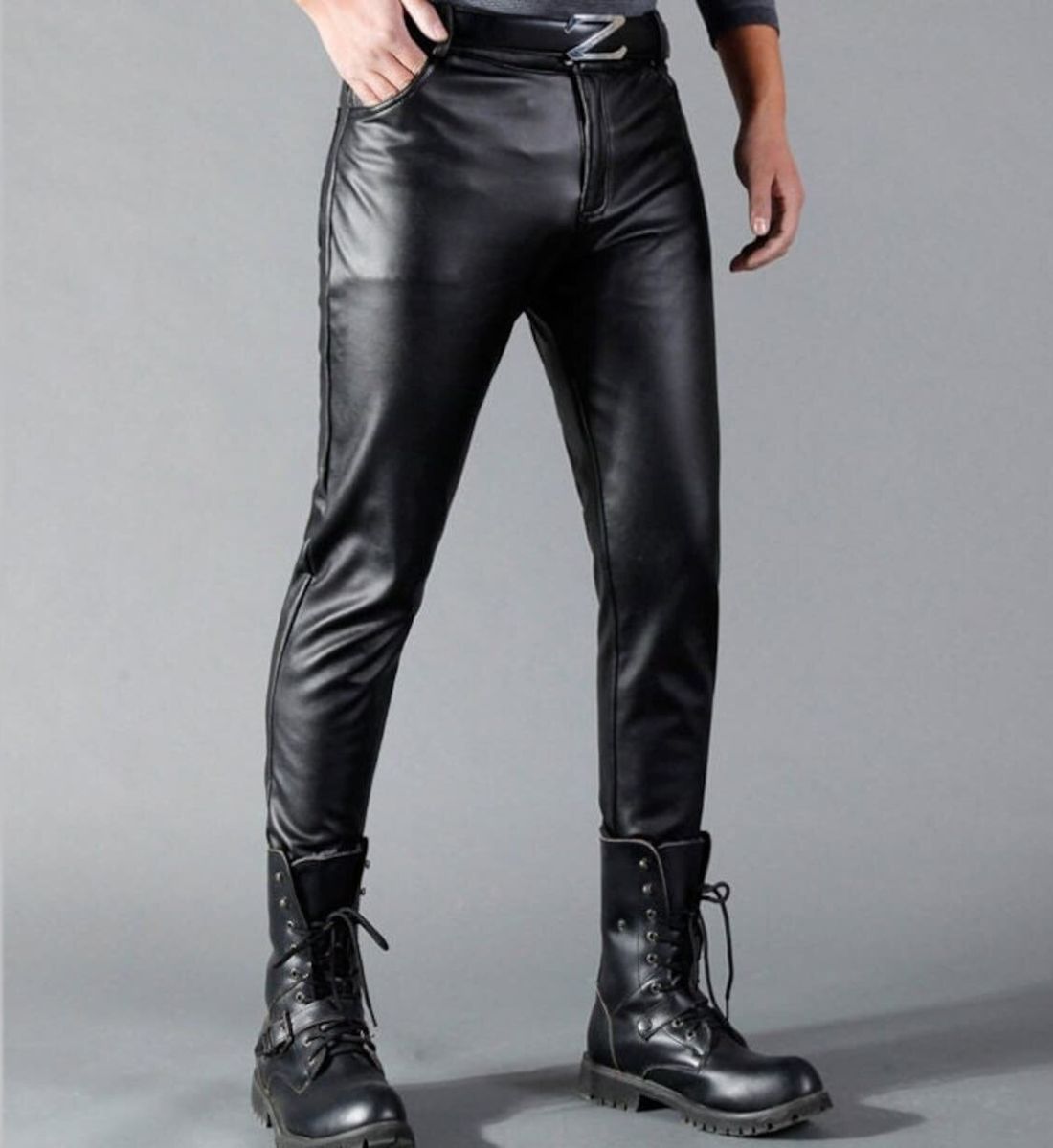 Men's Skinny Fit Leather Pants Stylish PU Leather Trousers Side