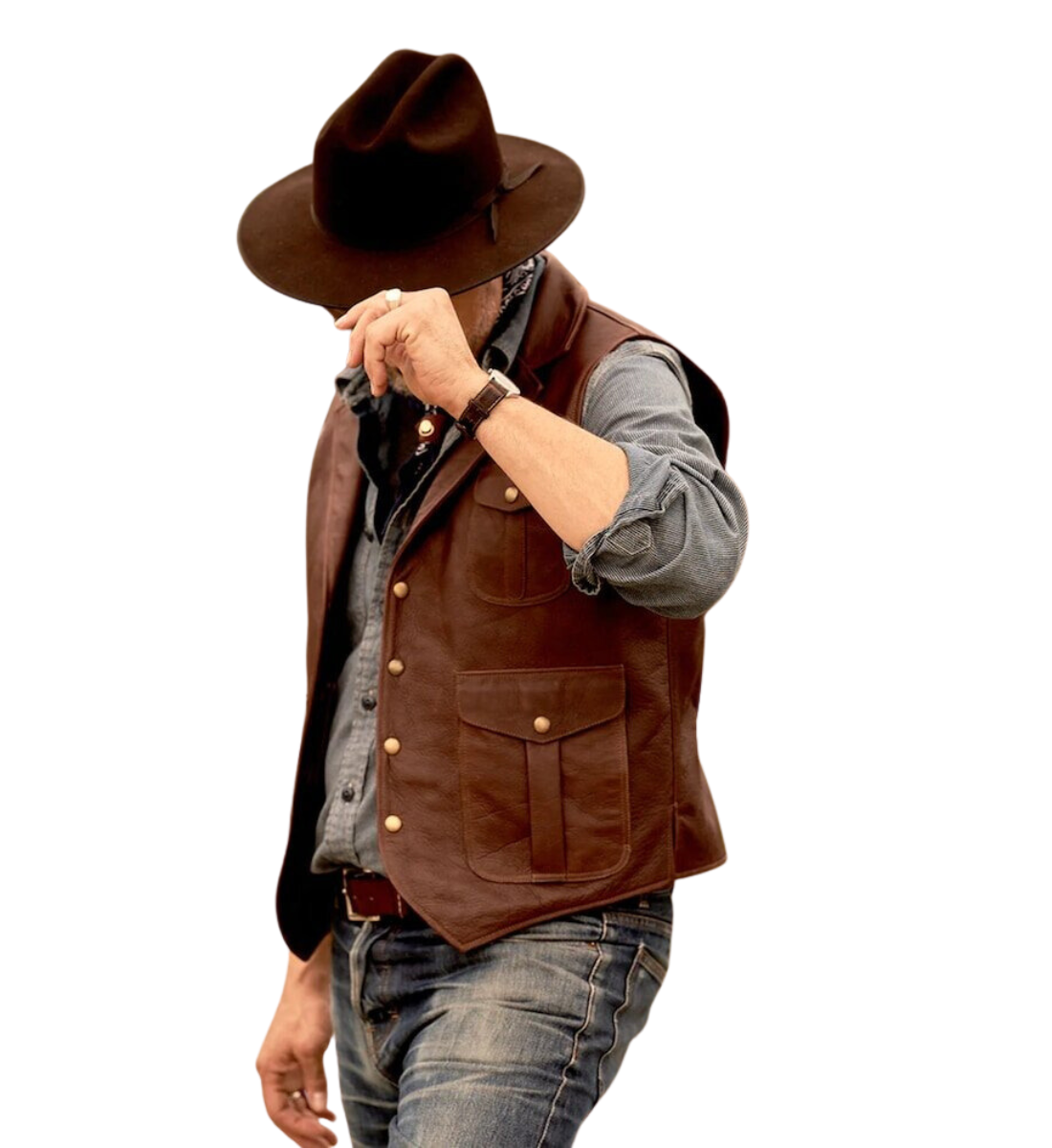 Authentic Western Style: Men's Cowhide Leather Sleeveless Vest