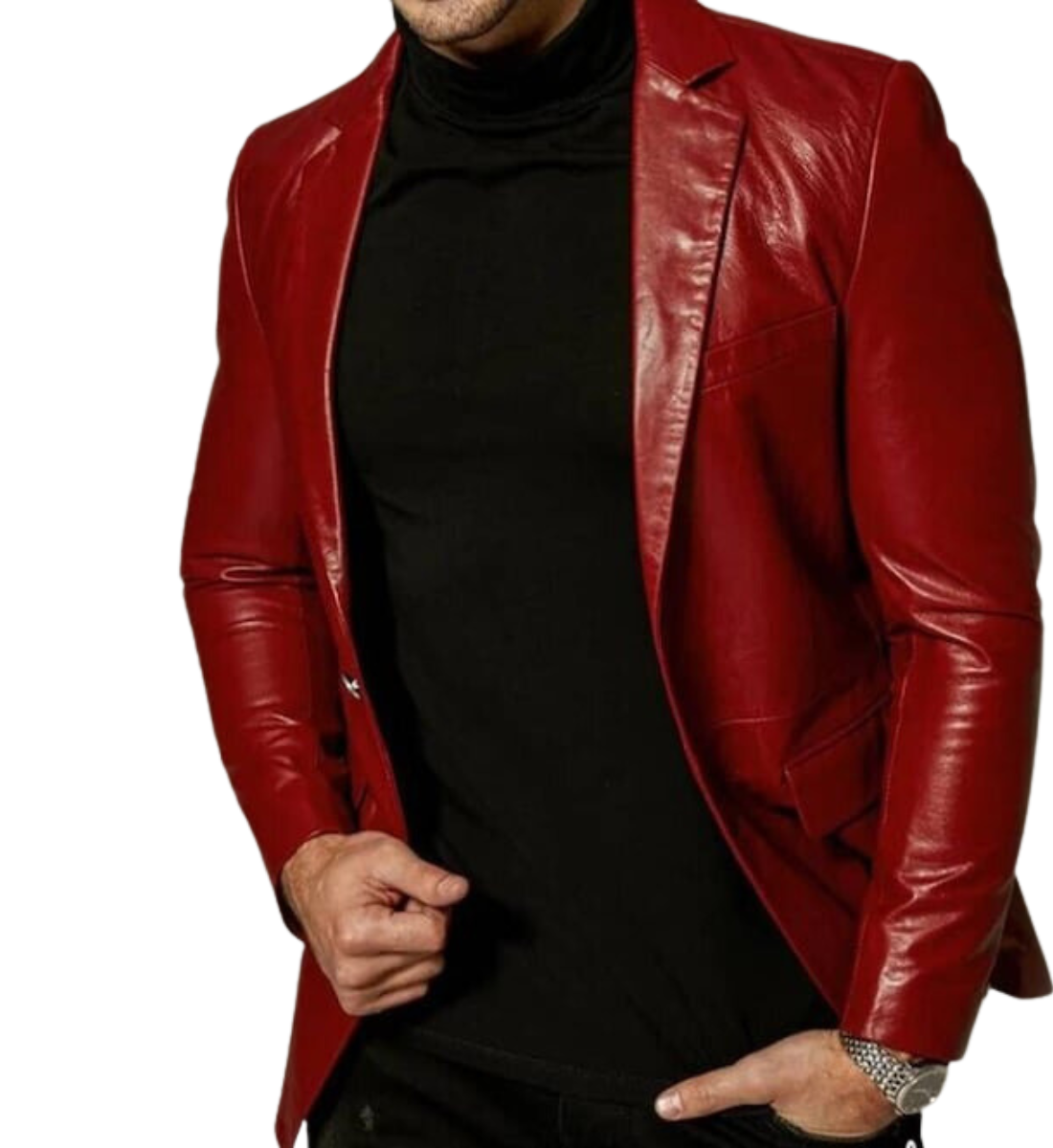 Refined Crimson Leather Business Blazer for Men