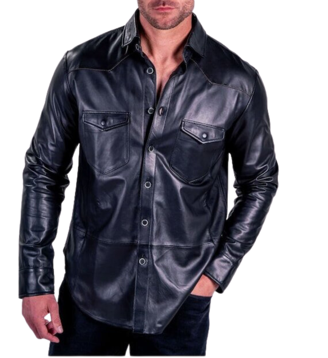 Handcrafted Men's Fashion Shirt in Genuine Black Sheep Leather